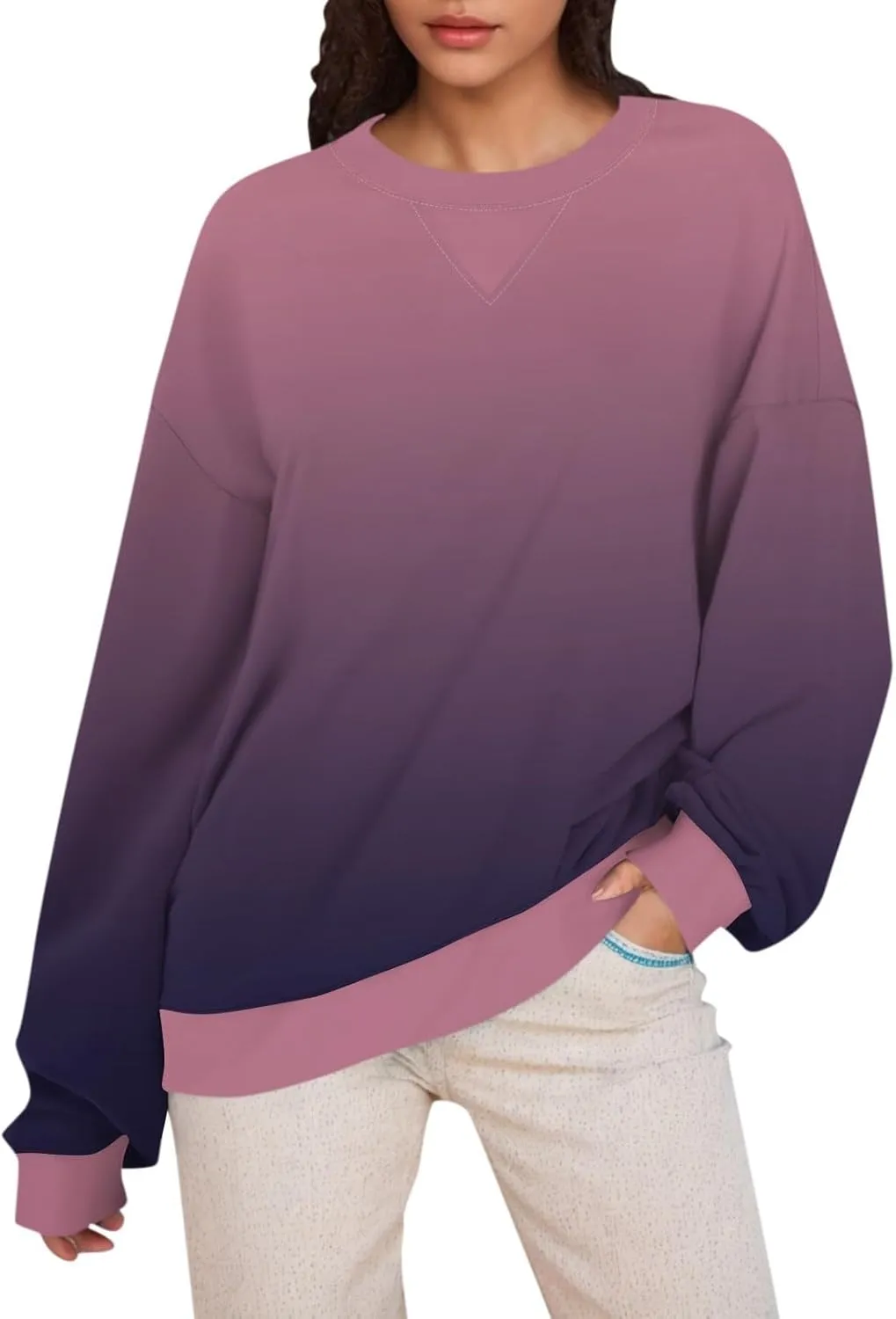 2024 Womens Oversized Graphic Crewneck Sweatshirt Long Sleeve Color Block Pullover Tops Casual Loose Shirt Fashion