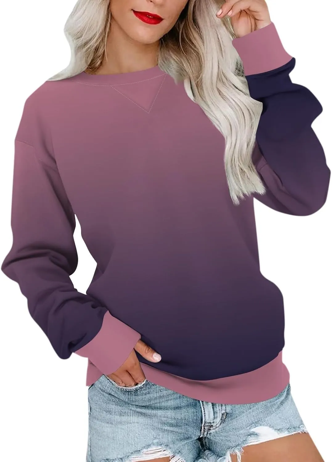 2024 Womens Oversized Graphic Crewneck Sweatshirt Long Sleeve Color Block Pullover Tops Casual Loose Shirt Fashion