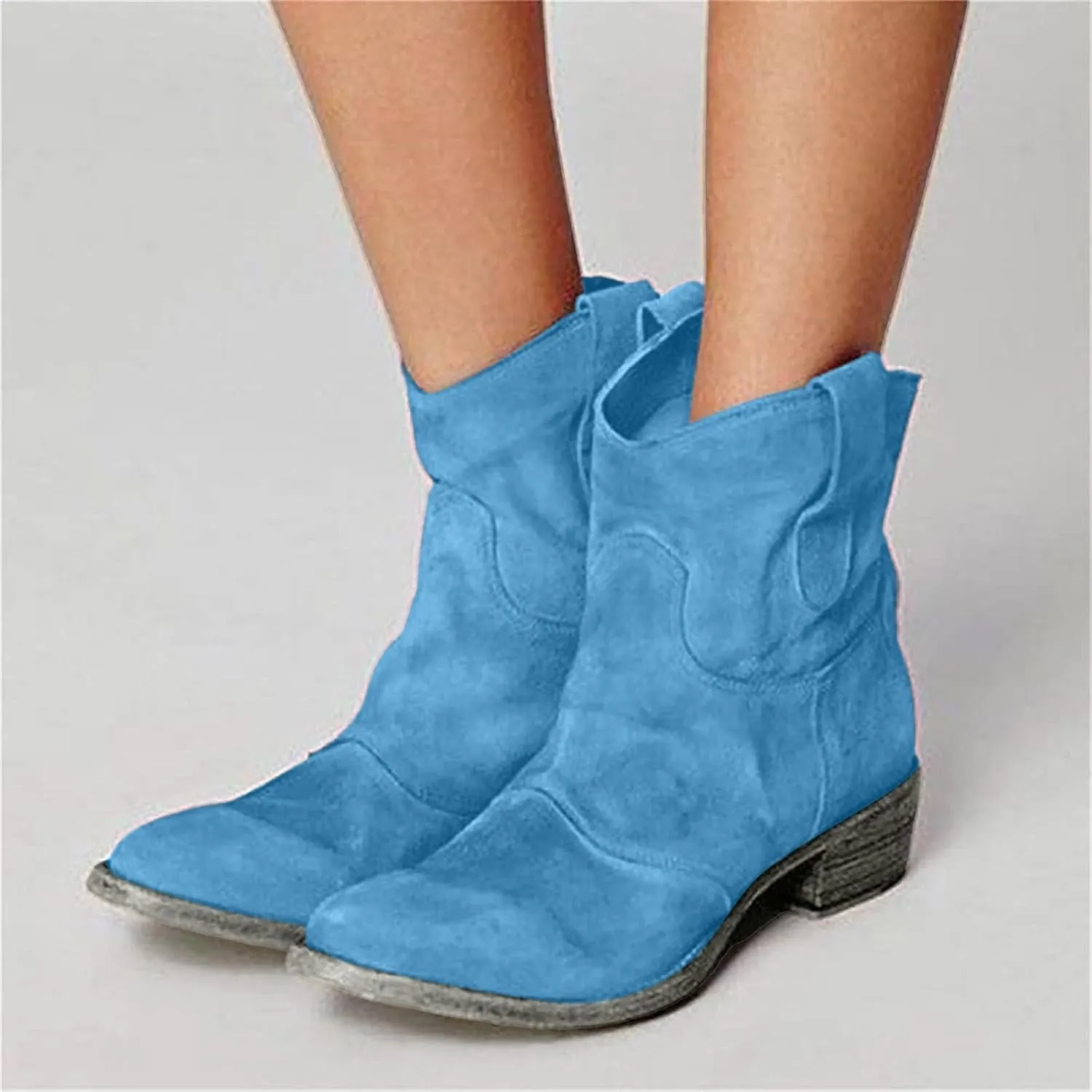 2025 Western Cowboy Ankle Boots for Women,Low Heel Mid Calf Cowgirl Boots Slip On Round Toe Chunky Heel Fashion Retro Classic Boots Suede Back Zipper Fall Short Ankle Booties