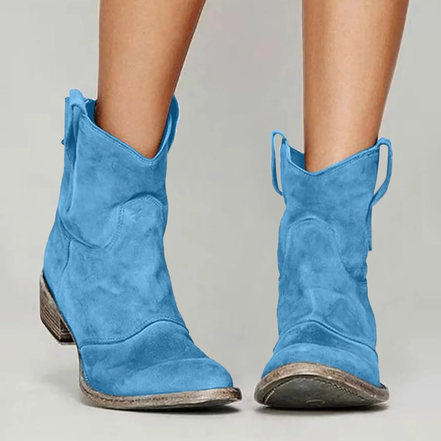 2025 Western Cowboy Ankle Boots for Women,Low Heel Mid Calf Cowgirl Boots Slip On Round Toe Chunky Heel Fashion Retro Classic Boots Suede Back Zipper Fall Short Ankle Booties