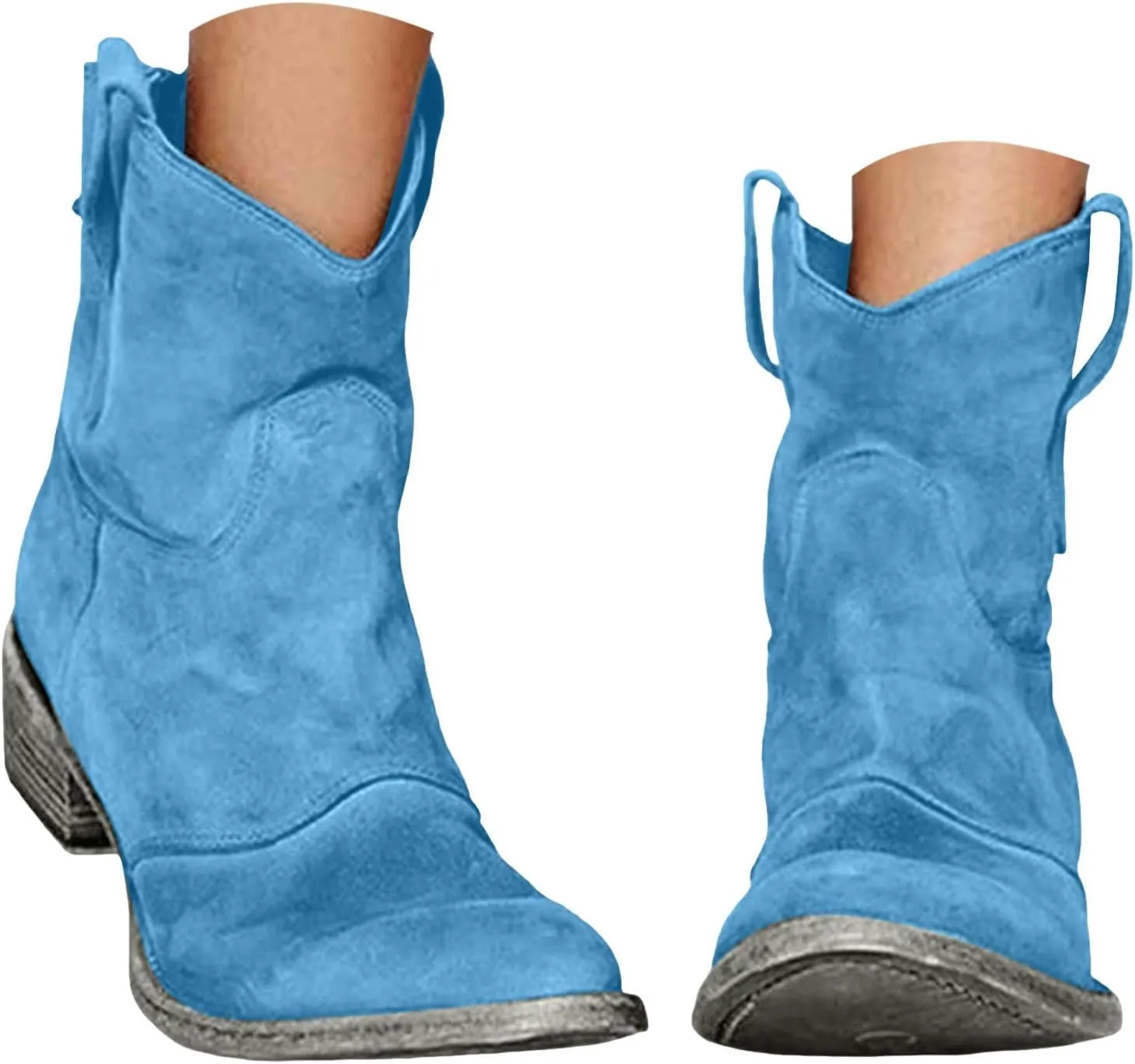 2025 Western Cowboy Ankle Boots for Women,Low Heel Mid Calf Cowgirl Boots Slip On Round Toe Chunky Heel Fashion Retro Classic Boots Suede Back Zipper Fall Short Ankle Booties
