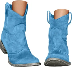 2025 Western Cowboy Ankle Boots for Women,Low Heel Mid Calf Cowgirl Boots Slip On Round Toe Chunky Heel Fashion Retro Classic Boots Suede Back Zipper Fall Short Ankle Booties