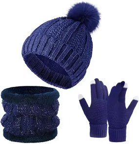 3 Pcs Winter Hat Scarf Gloves Set for Women, Knit Skull Cap Beanie Warm Touch Screen Gloves Fleece Lined Beanie Women