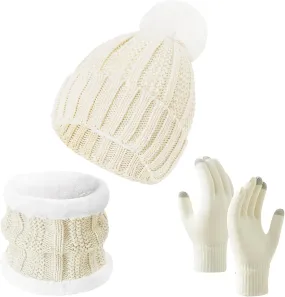 3 Pcs Winter Hat Scarf Gloves Set for Women, Knit Skull Cap Beanie Warm Touch Screen Gloves Fleece Lined Beanie Women
