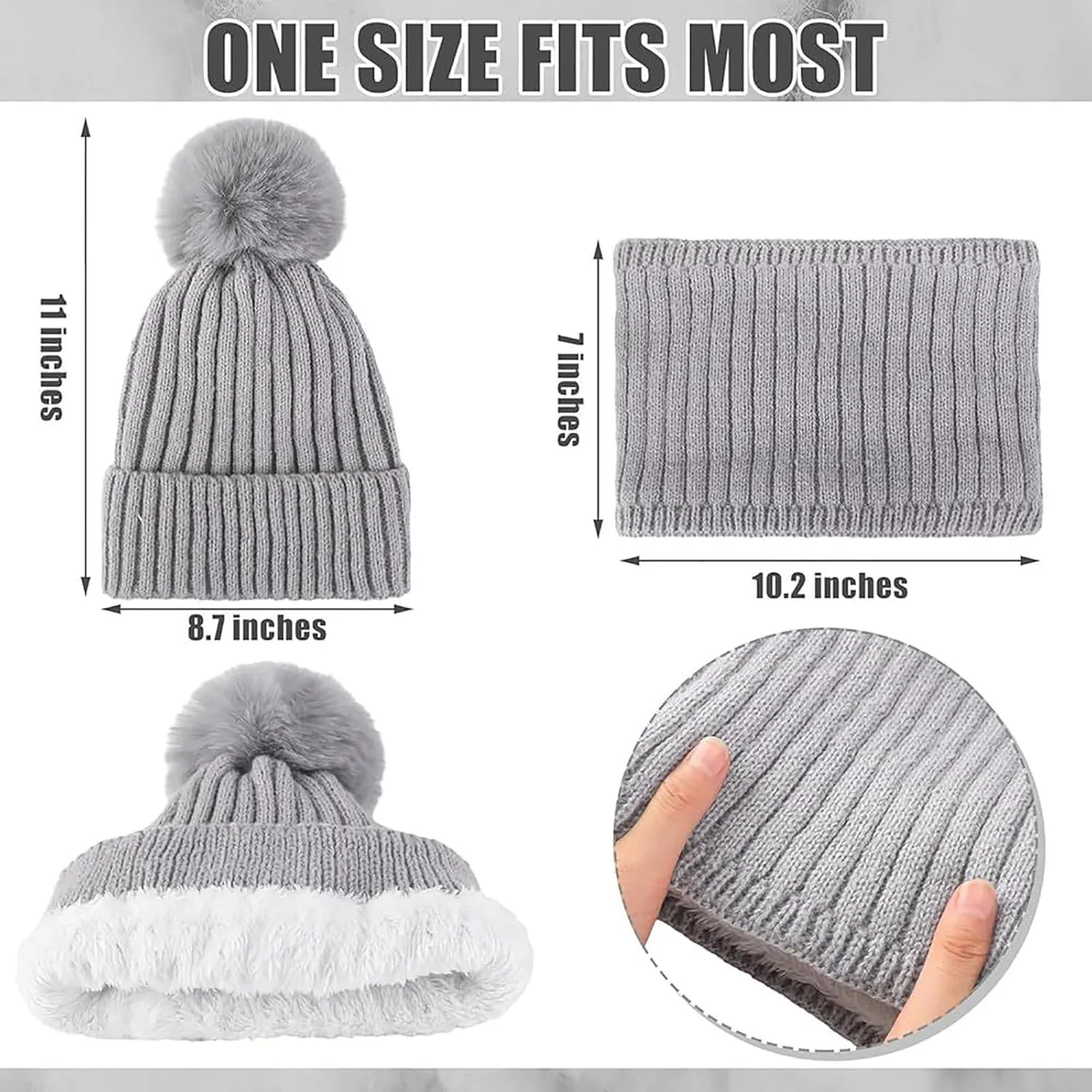 3 Pcs Winter Hat Scarf Gloves Set for Women, Knit Skull Cap Beanie Warm Touch Screen Gloves Fleece Lined Beanie Women
