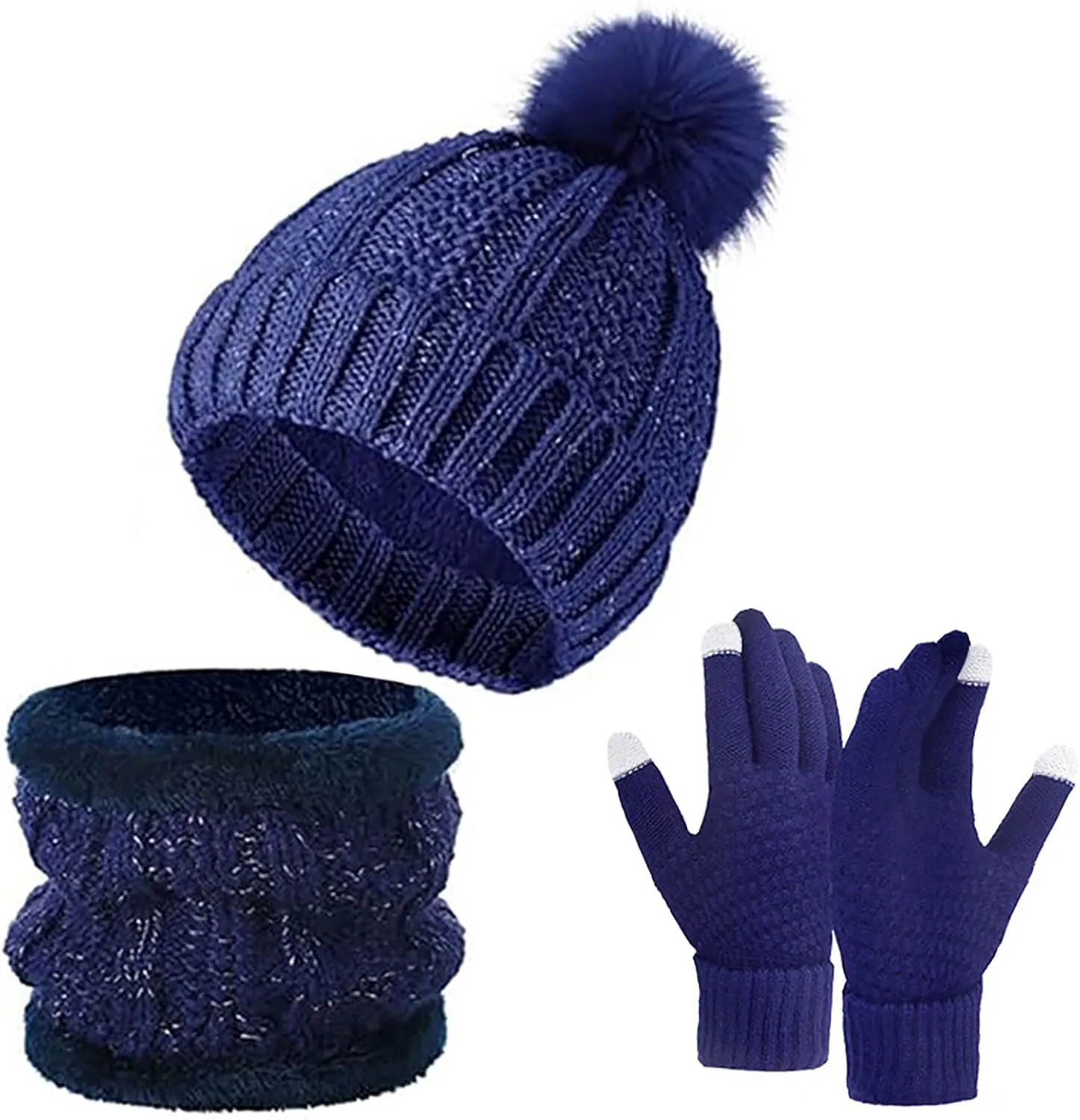 3 Pcs Winter Hat Scarf Gloves Set for Women, Knit Skull Cap Beanie Warm Touch Screen Gloves Fleece Lined Beanie Women