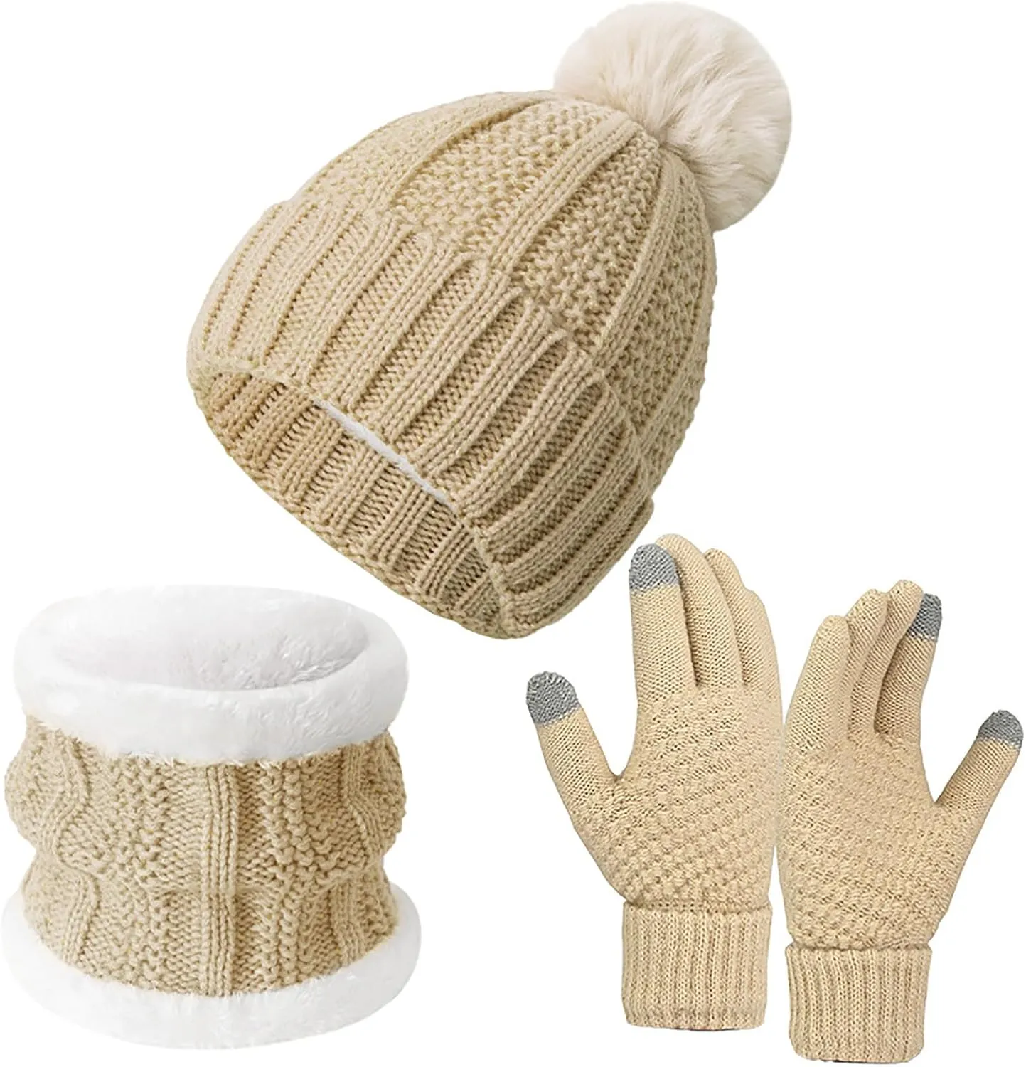 3 Pcs Winter Hat Scarf Gloves Set for Women, Knit Skull Cap Beanie Warm Touch Screen Gloves Fleece Lined Beanie Women