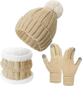 3 Pcs Winter Hat Scarf Gloves Set for Women, Knit Skull Cap Beanie Warm Touch Screen Gloves Fleece Lined Beanie Women