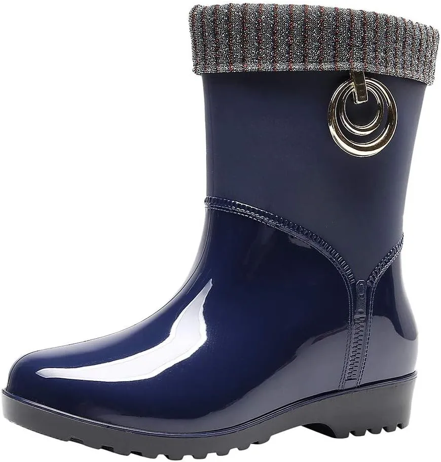 AMDBEL Women Rain Boots Size 5, Women's Short Rain Boots Rubber Waterproof Garden Boots Elastic Slip On Ankle Chelsea Boot Fashion Insulated Rain Shoe for Outdoor Work Thick Sole