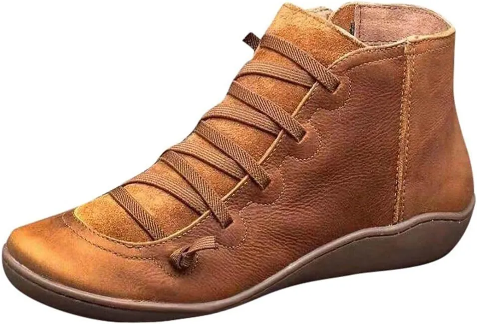 Ankle Booties for Women Flat Heel,Womens Ankle Boots Fashion Lace Up Side Zip Vintage Booties Low Heel Arch Support