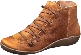 Ankle Booties for Women Flat Heel,Womens Ankle Boots Fashion Lace Up Side Zip Vintage Booties Low Heel Arch Support