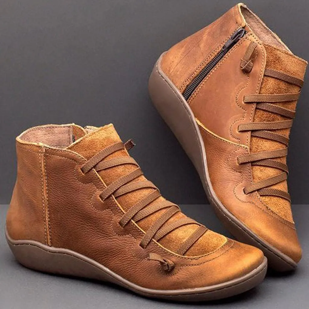 Ankle Booties for Women Flat Heel,Womens Ankle Boots Fashion Lace Up Side Zip Vintage Booties Low Heel Arch Support