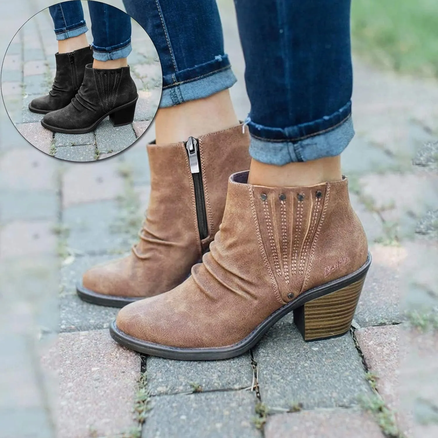 Ankle Boots for Women Platform Boots Western Cowboy Boots Pointed Toe Fashion Retro Classic Low Heel Ankle Booties