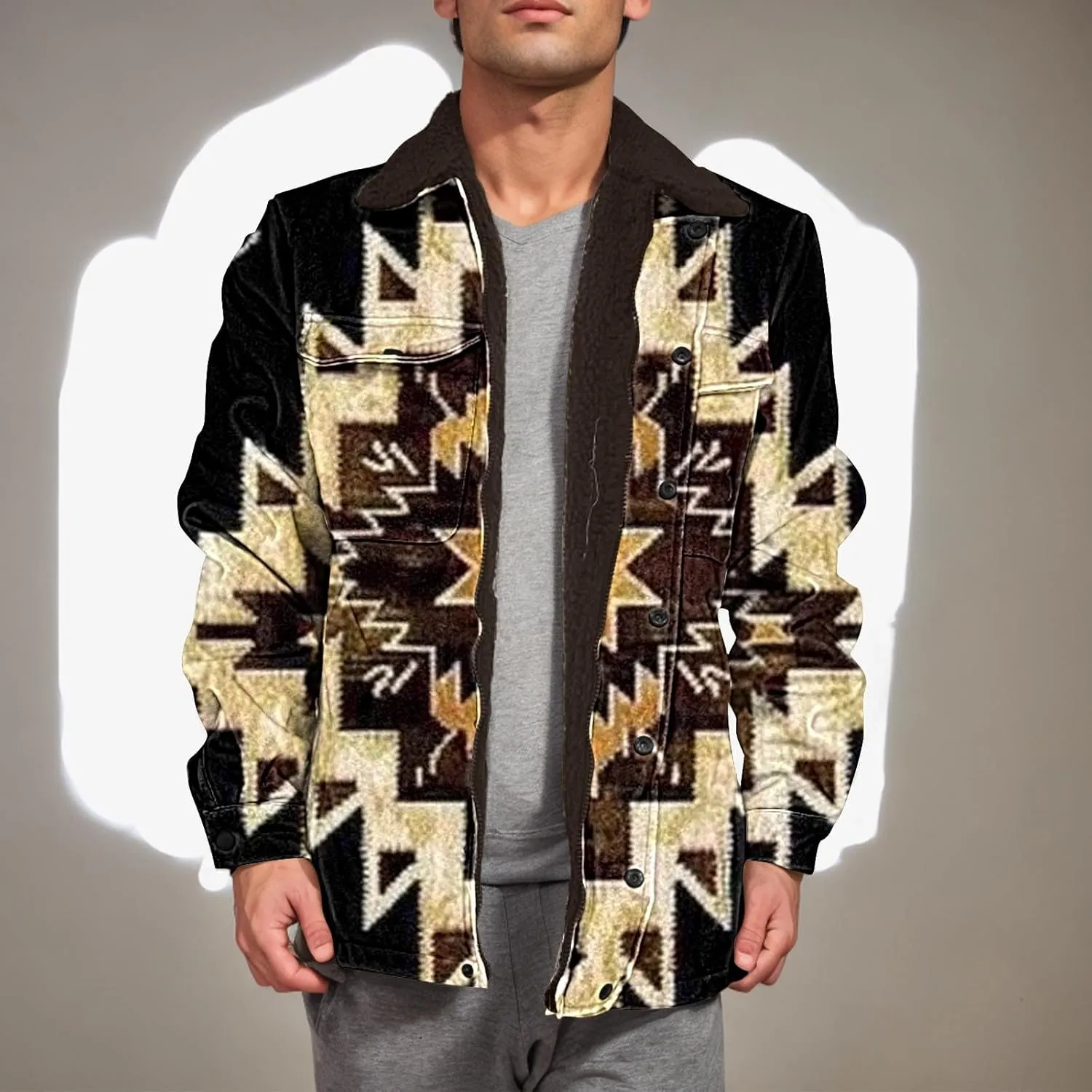 Aztec Jacket for Men Winter Warm Fleece Lined Casual Tribal Printed Coats Thicken Sherpa Lined Zip Up Outerwear