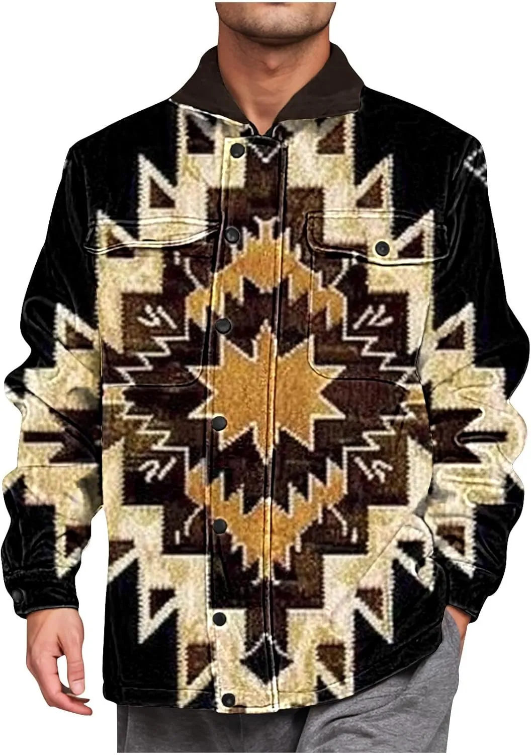Aztec Jacket for Men Winter Warm Fleece Lined Casual Tribal Printed Coats Thicken Sherpa Lined Zip Up Outerwear