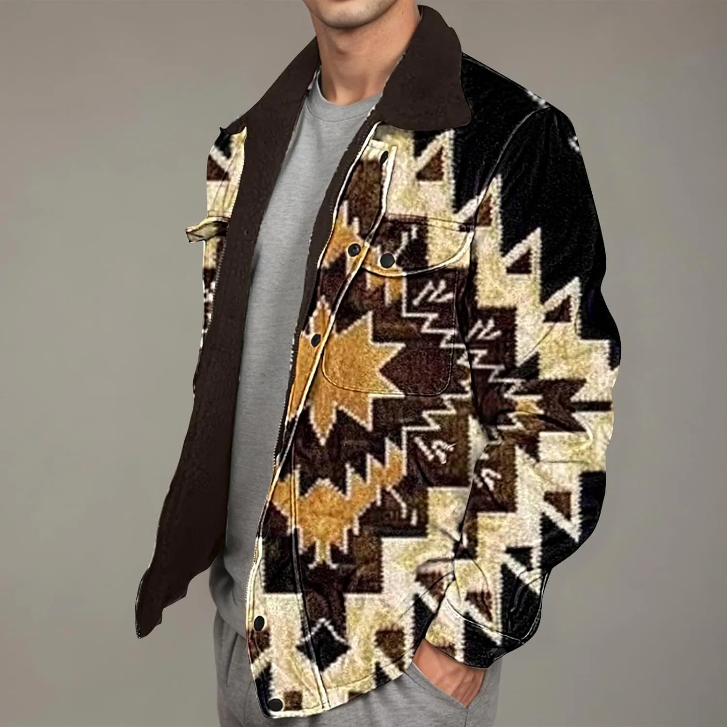 Aztec Jacket for Men Winter Warm Fleece Lined Casual Tribal Printed Coats Thicken Sherpa Lined Zip Up Outerwear