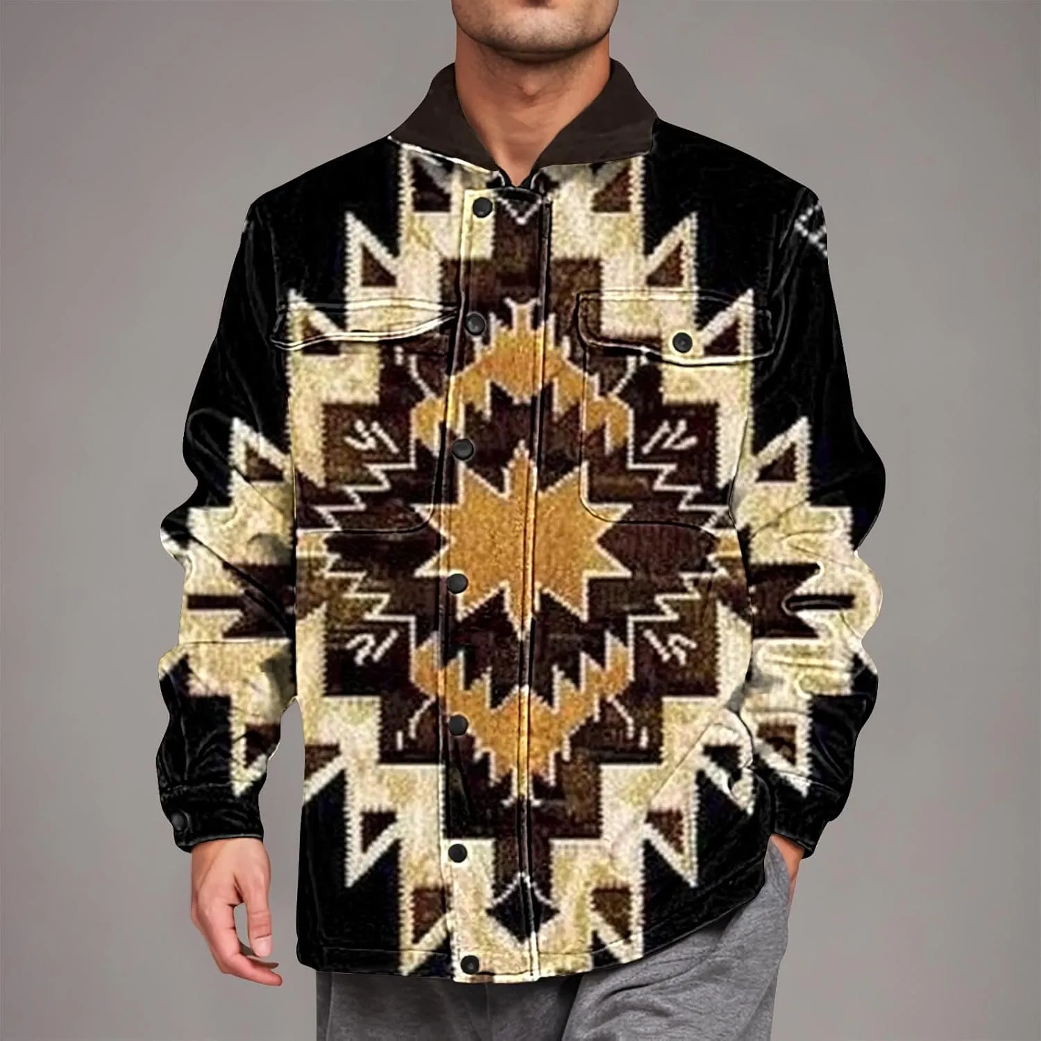 Aztec Jacket for Men Winter Warm Fleece Lined Casual Tribal Printed Coats Thicken Sherpa Lined Zip Up Outerwear