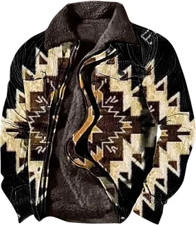 Aztec Jacket for Men Winter Warm Fleece Lined Casual Tribal Printed Coats Thicken Sherpa Lined Zip Up Outerwear