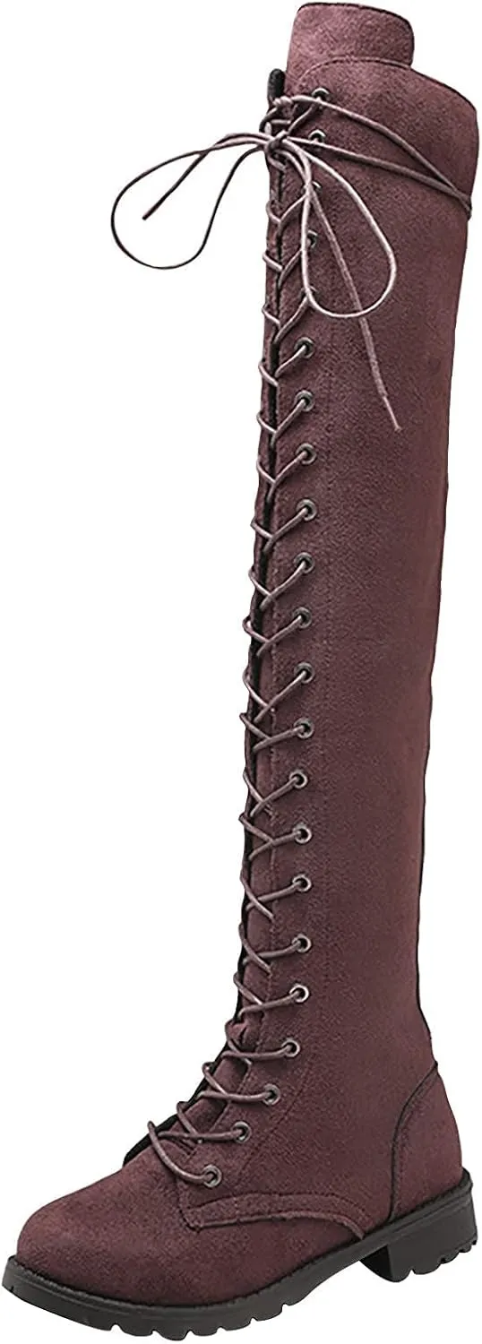 Bcshiye Women's Over The Knee Block Heel Stretch Boots Slouch Flat Heel Long Boots Comfort Suede Long Riding Booties
