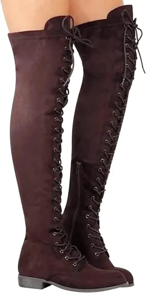 Bcshiye Women's Over The Knee Block Heel Stretch Boots Slouch Flat Heel Long Boots Comfort Suede Long Riding Booties