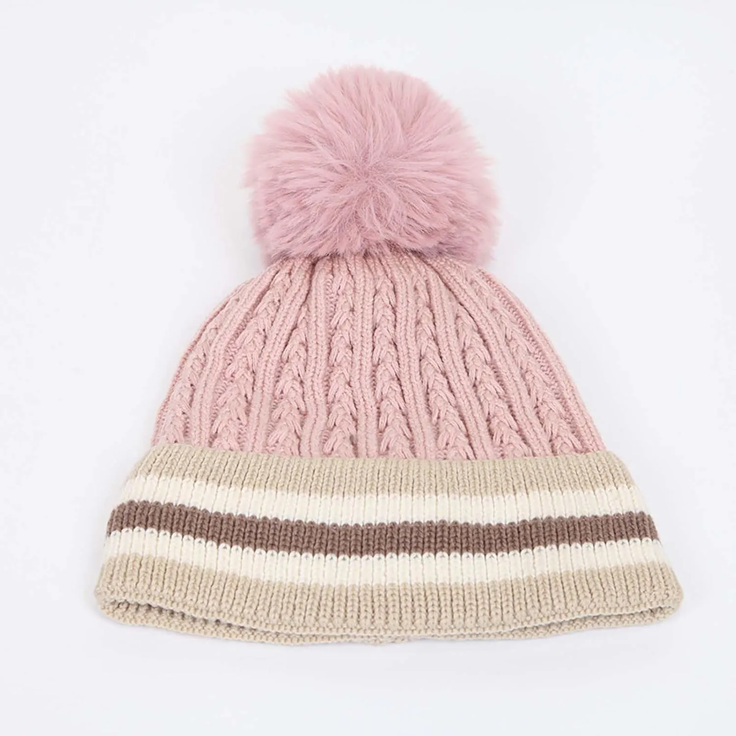 Beanie for Women with Pompom,Women's Winter Stripes Beanies Hats,Trendy Cute Warm Chunky Knit Skullies Hat Skull Cap