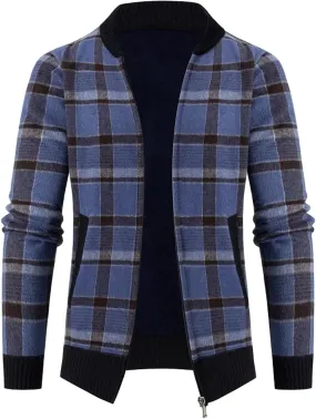 BIFUTON Mens Cardigan Sweater, Mens Full Zip Fleece Lined Cardigan Sweaters Thick Stand Collar Plaid Knitted Thermal Sweaters