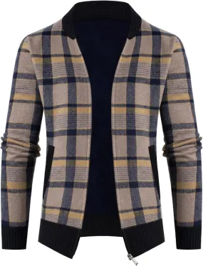 BIFUTON Mens Cardigan Sweater, Mens Full Zip Fleece Lined Cardigan Sweaters Thick Stand Collar Plaid Knitted Thermal Sweaters