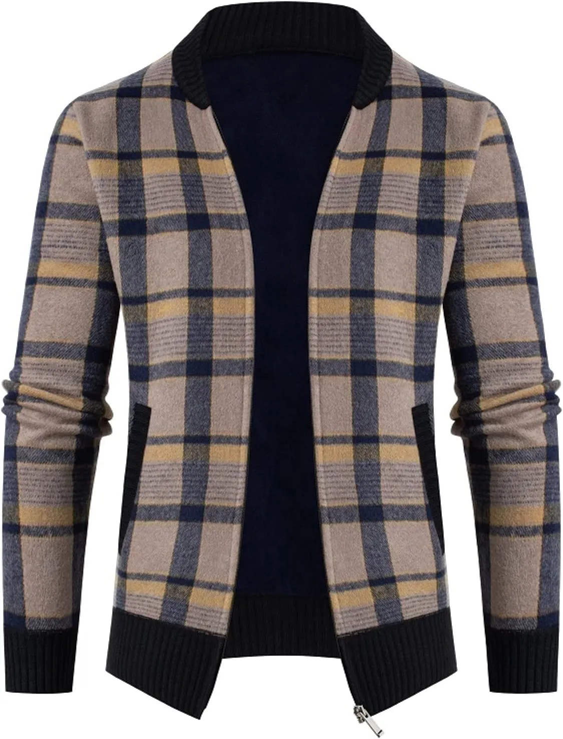 BIFUTON Mens Cardigan Sweater, Mens Full Zip Fleece Lined Cardigan Sweaters Thick Stand Collar Plaid Knitted Thermal Sweaters