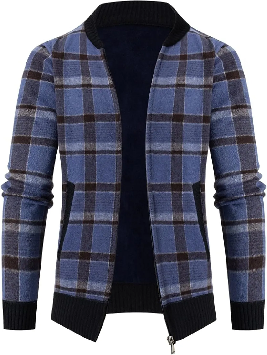 BIFUTON Mens Cardigan Sweater, Mens Full Zip Fleece Lined Cardigan Sweaters Thick Stand Collar Plaid Knitted Thermal Sweaters