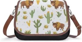 Bisons with Cactus Print Messenger Bag for Women PU Leather Crossbody Bags Shoulder Handbags Purse