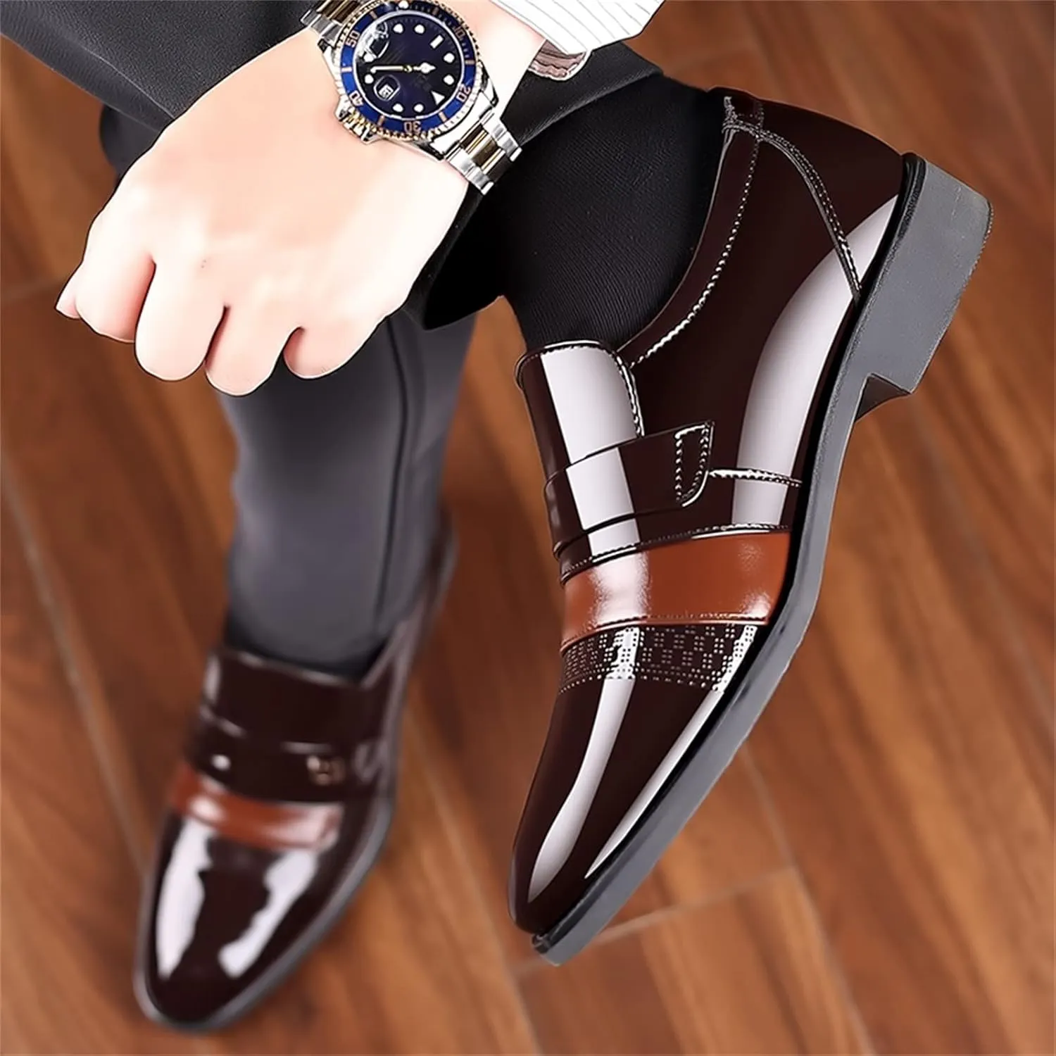 Black Oxfords Shoes for Men Casual Fashion Summer and Autumn Men Leather Shoes Low Heeled Pointed Toe Slip On Business Simple Solid Color Cap Toe Oxfords