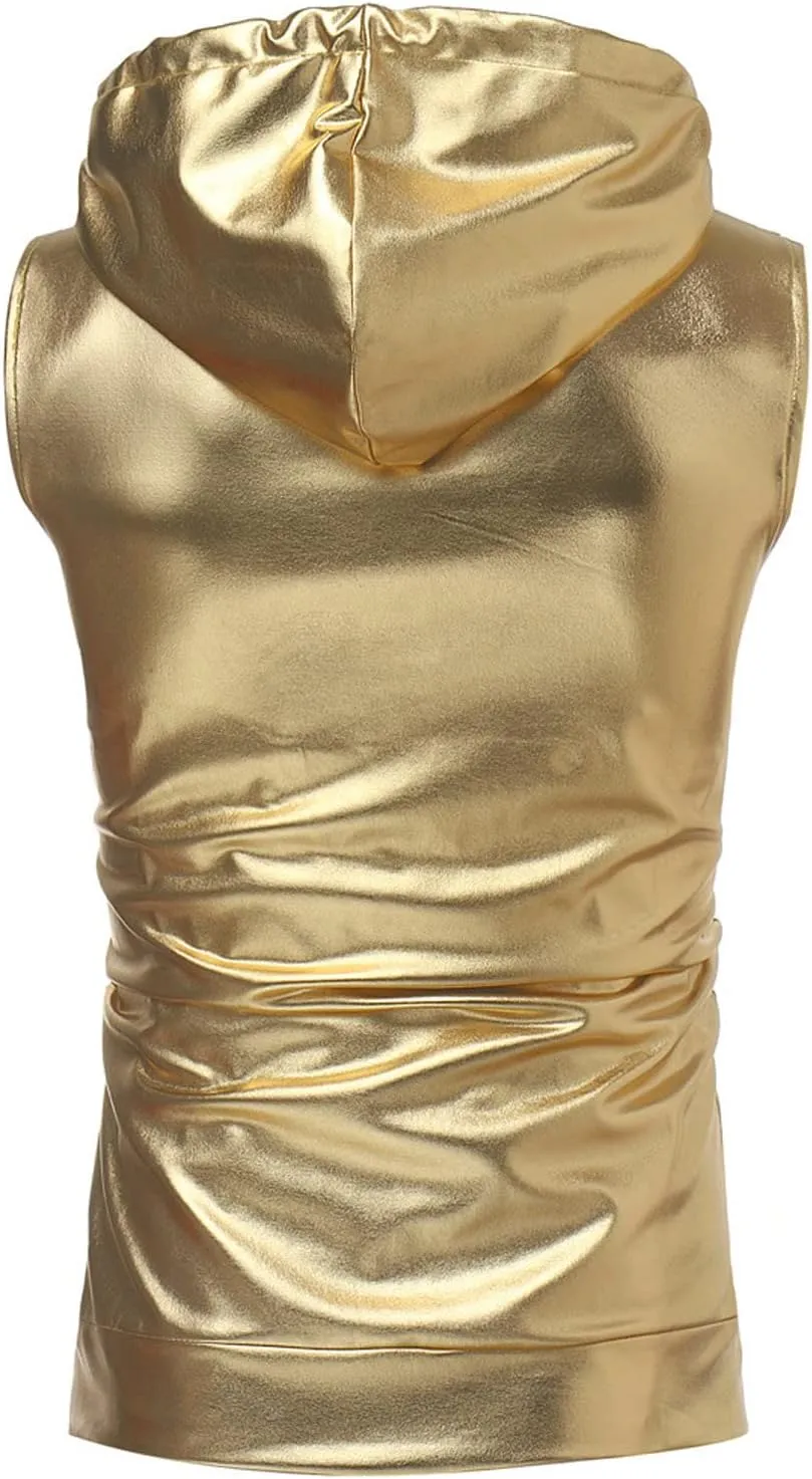 Bling Shiny Fashion Hoodie Vest for Men Hipster Metallic Zip Up Sleeveless Hooded Vest 70s Disco T Shirt with Pocket