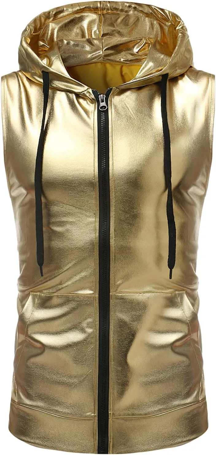 Bling Shiny Fashion Hoodie Vest for Men Hipster Metallic Zip Up Sleeveless Hooded Vest 70s Disco T Shirt with Pocket