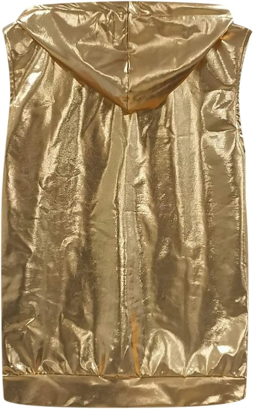 Bling Shiny Fashion Hoodie Vest for Men Hipster Metallic Zip Up Sleeveless Hooded Vest 70s Disco T Shirt with Pocket