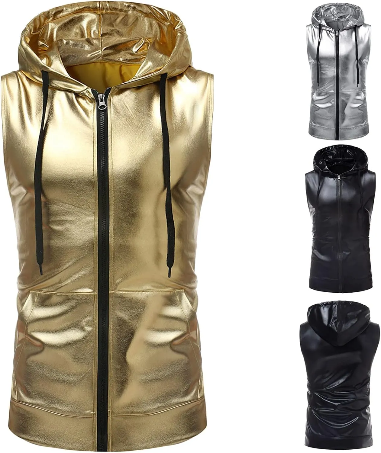 Bling Shiny Fashion Hoodie Vest for Men Hipster Metallic Zip Up Sleeveless Hooded Vest 70s Disco T Shirt with Pocket