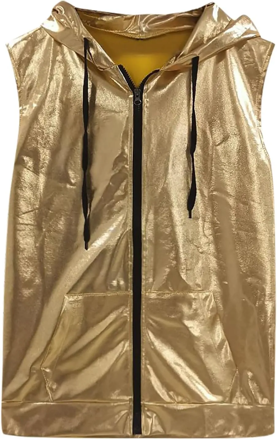 Bling Shiny Fashion Hoodie Vest for Men Hipster Metallic Zip Up Sleeveless Hooded Vest 70s Disco T Shirt with Pocket