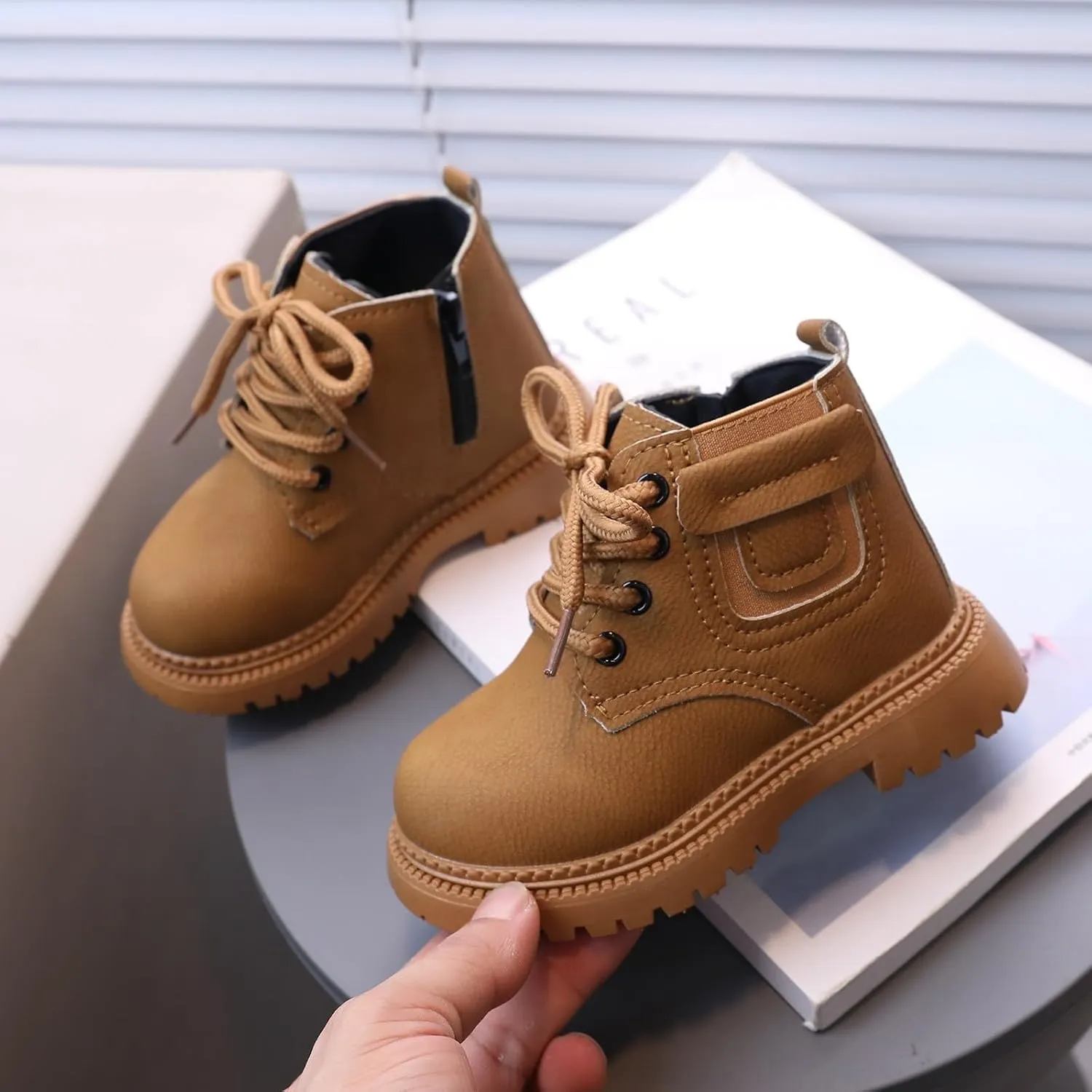 Boots for Girls Fashion Leather Hiking Snow Boots Little Kid High Top Dress Shoes Lace Up Non-Slip Texture Sole Boot