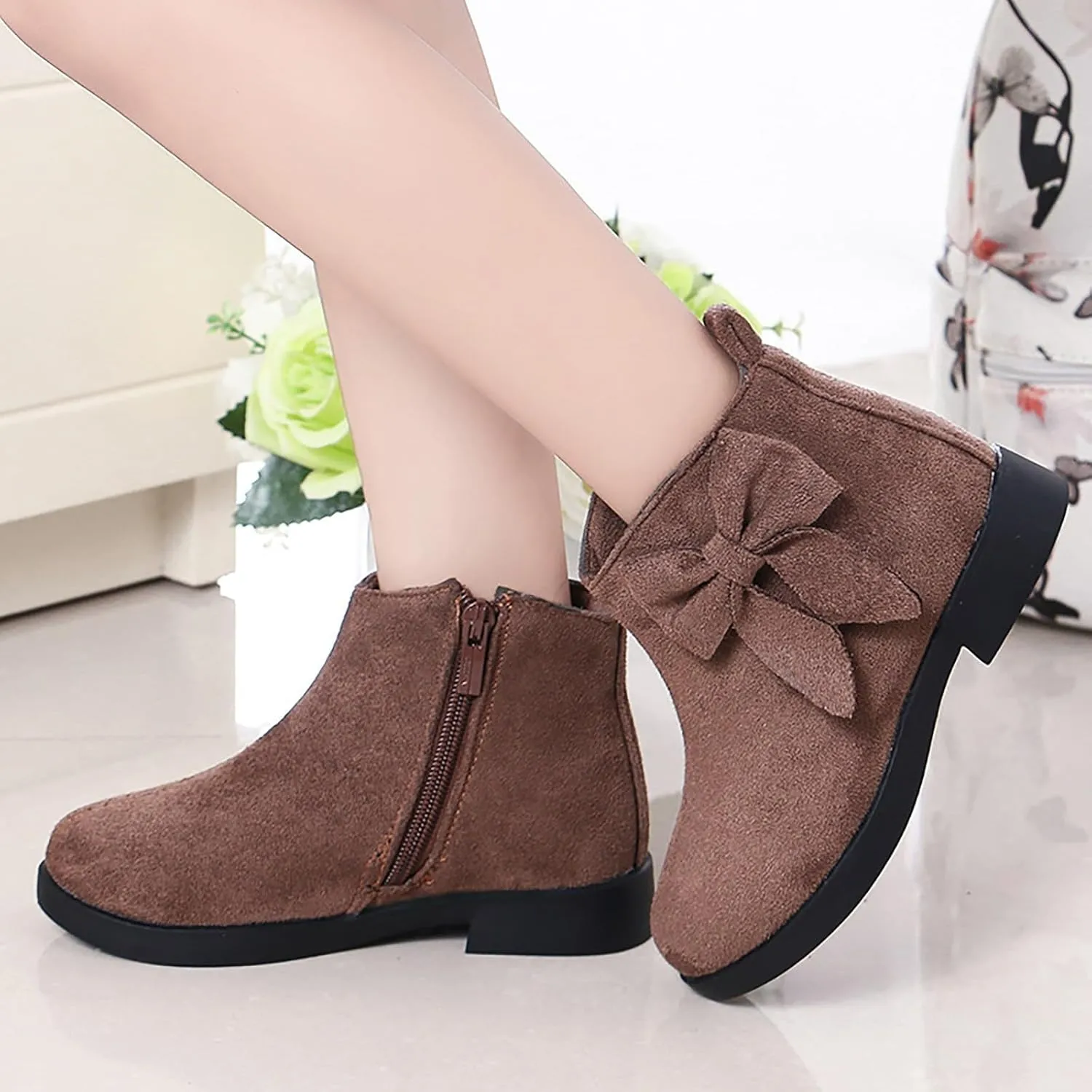 Boots for Girls Girl Non Slip Boots Kids Ankle Boots Warm Side Zipper Low Heel Short Booties Snow Outdoor Shoes