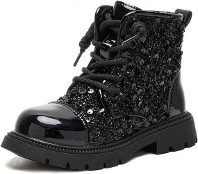 Boots for Girls, Girls Fashion Lace-Up Sequined Ankle Boots Children's Casual Boots Comfortable Lug Soft-Soled Boots