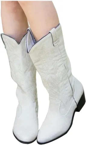 Boots for Women Cowgirl Boots Mid Calf Round Toe Vintage Embroidered Pull On Cowgirl Booties Shoes
