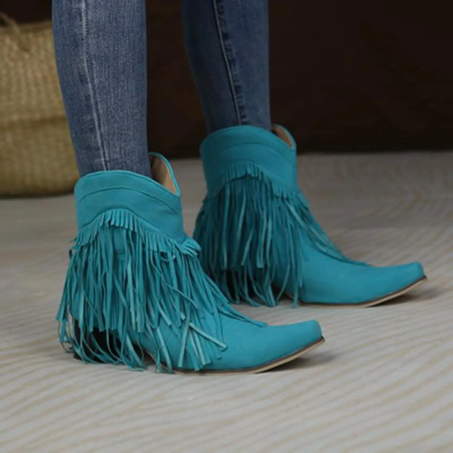 Boots for Women Flat Hollow Ankle Boots Low Chunky Block Stacked Heel Boots Slip On Pointed Toe Western Shoes 52