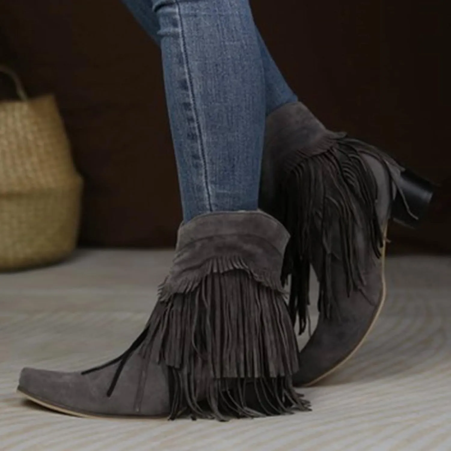Boots for Women Flat Hollow Ankle Boots Low Chunky Block Stacked Heel Boots Slip On Pointed Toe Western Shoes 52