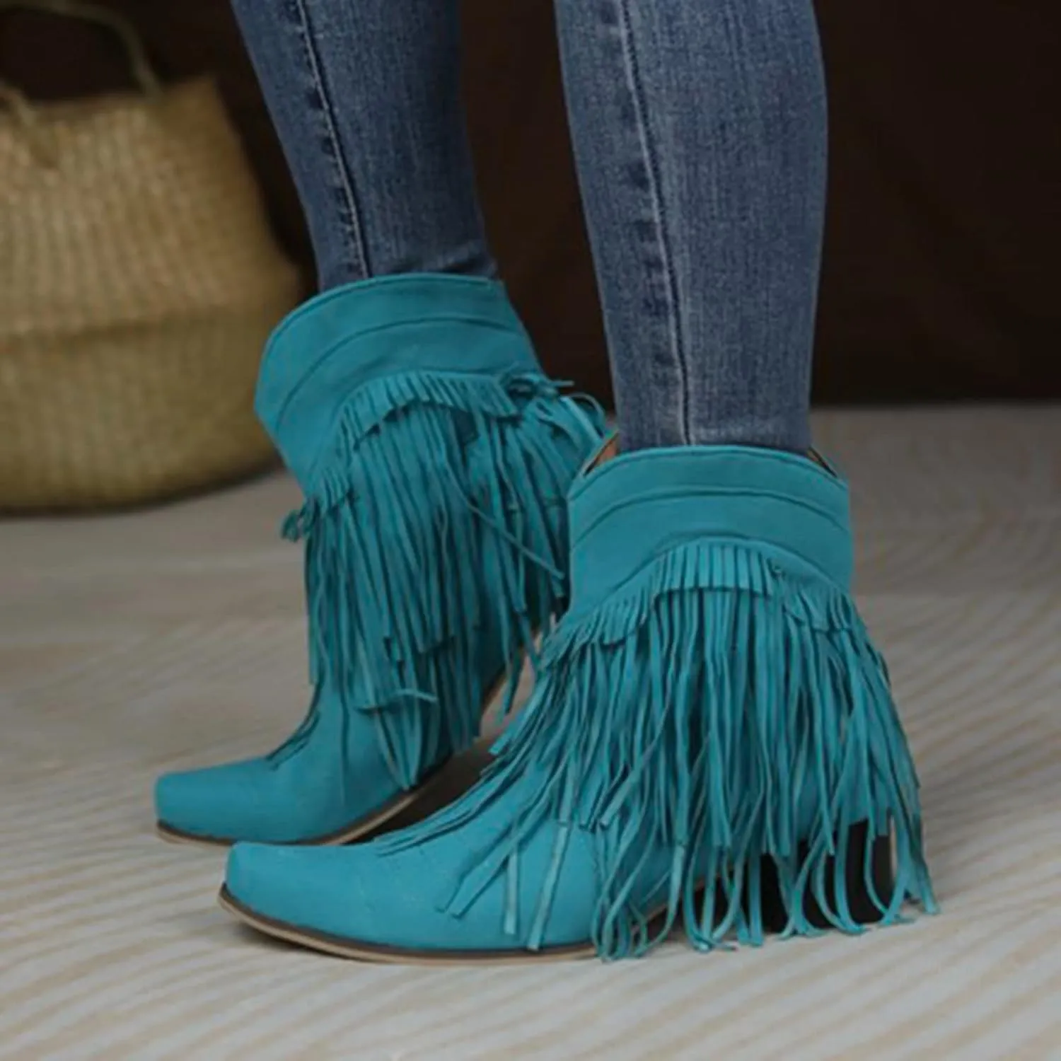 Boots for Women Flat Hollow Ankle Boots Low Chunky Block Stacked Heel Boots Slip On Pointed Toe Western Shoes 52