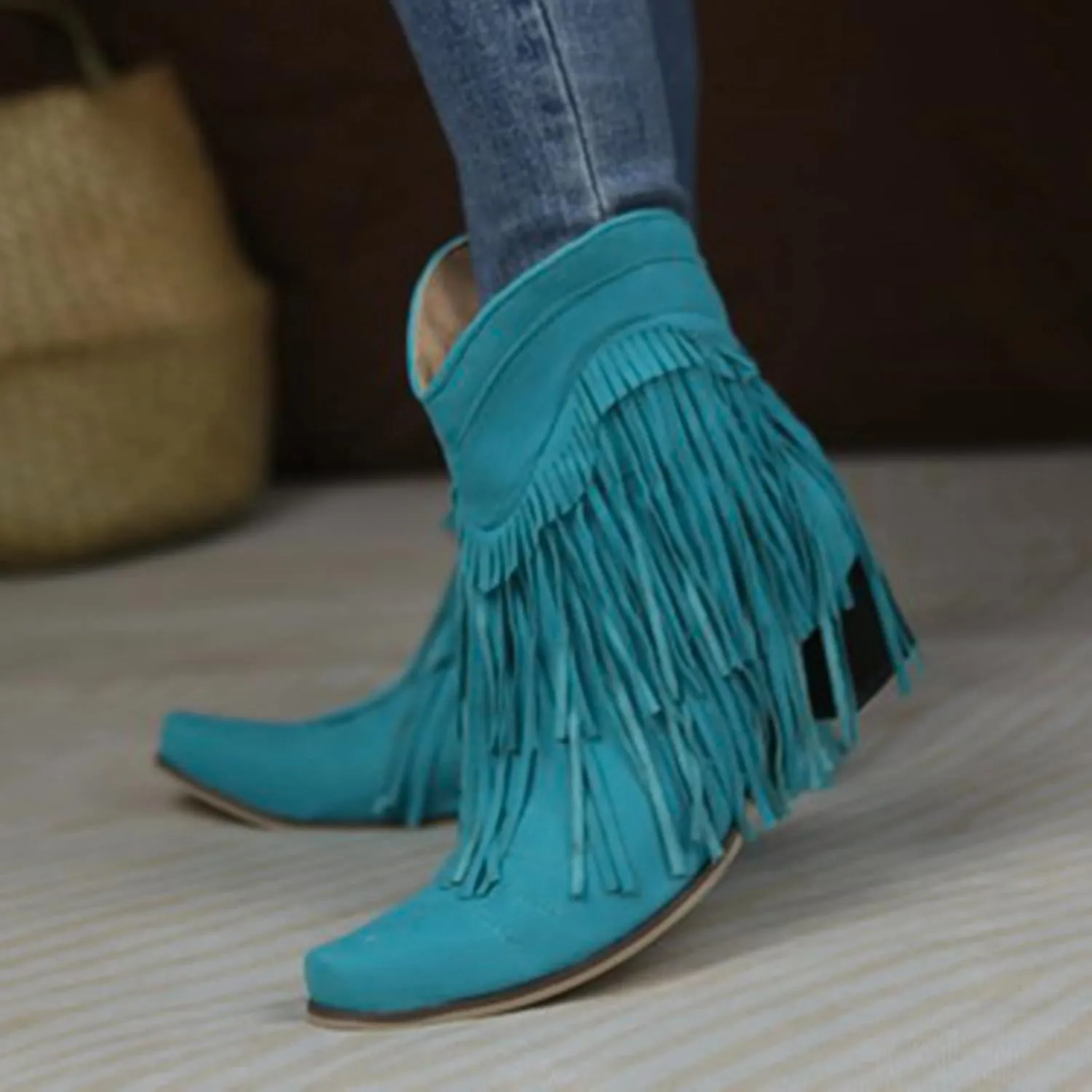Boots for Women Flat Hollow Ankle Boots Low Chunky Block Stacked Heel Boots Slip On Pointed Toe Western Shoes 52
