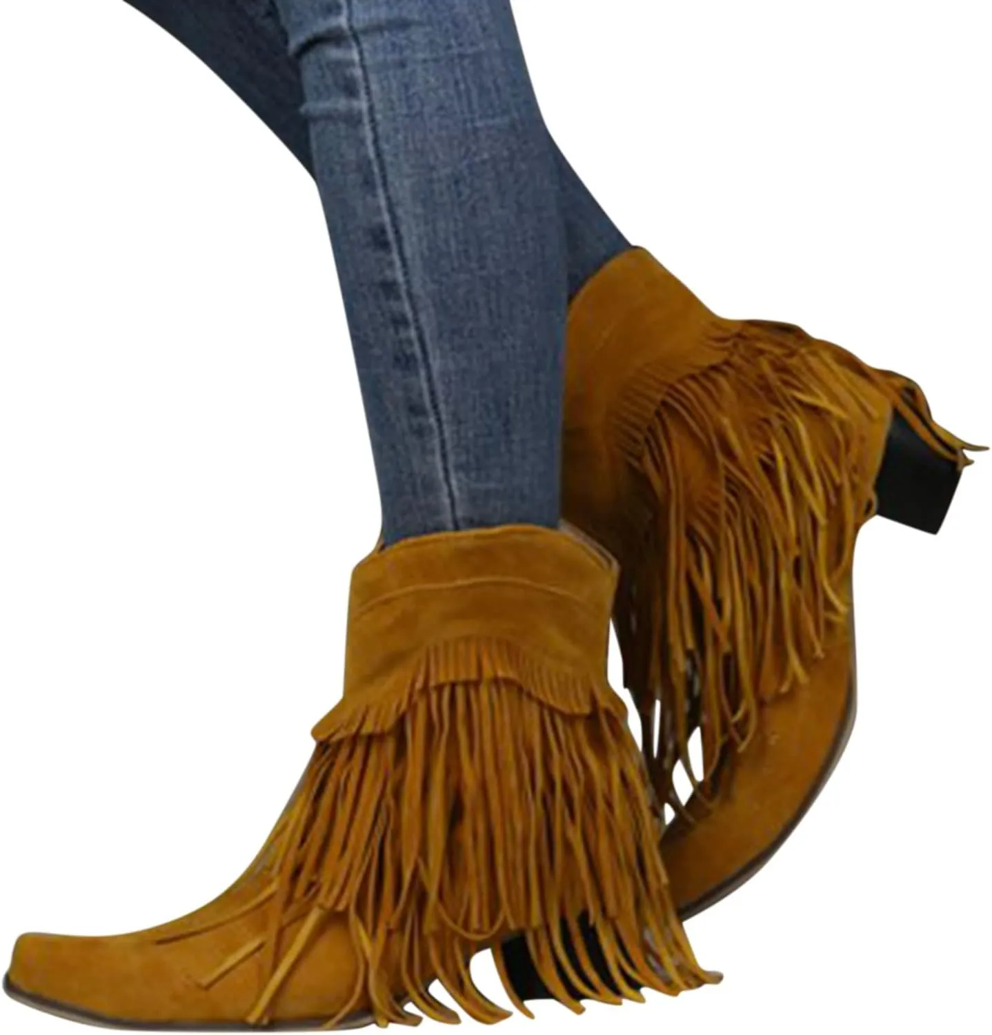 Boots for Women Flat Hollow Ankle Boots Low Chunky Block Stacked Heel Boots Slip On Pointed Toe Western Shoes 52