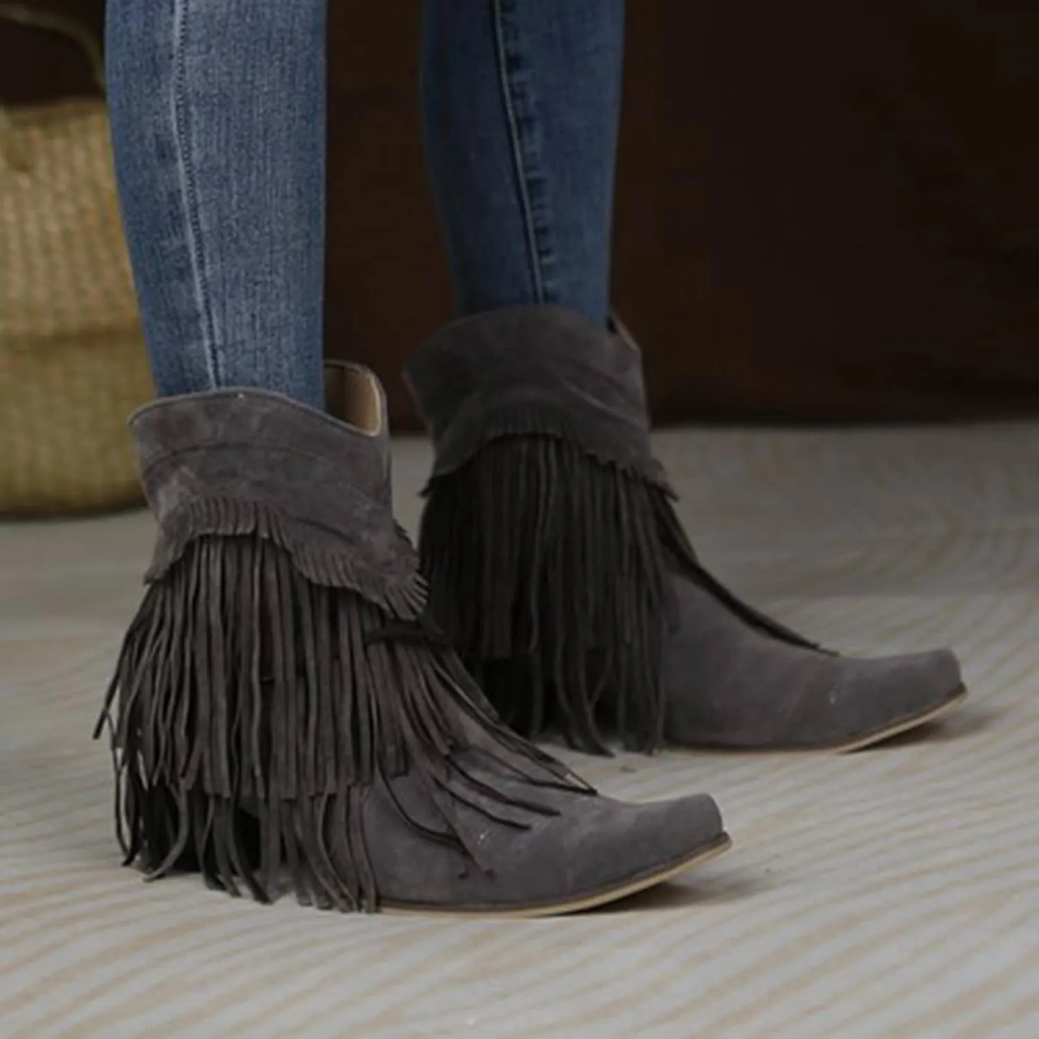 Boots for Women Flat Hollow Ankle Boots Low Chunky Block Stacked Heel Boots Slip On Pointed Toe Western Shoes 52