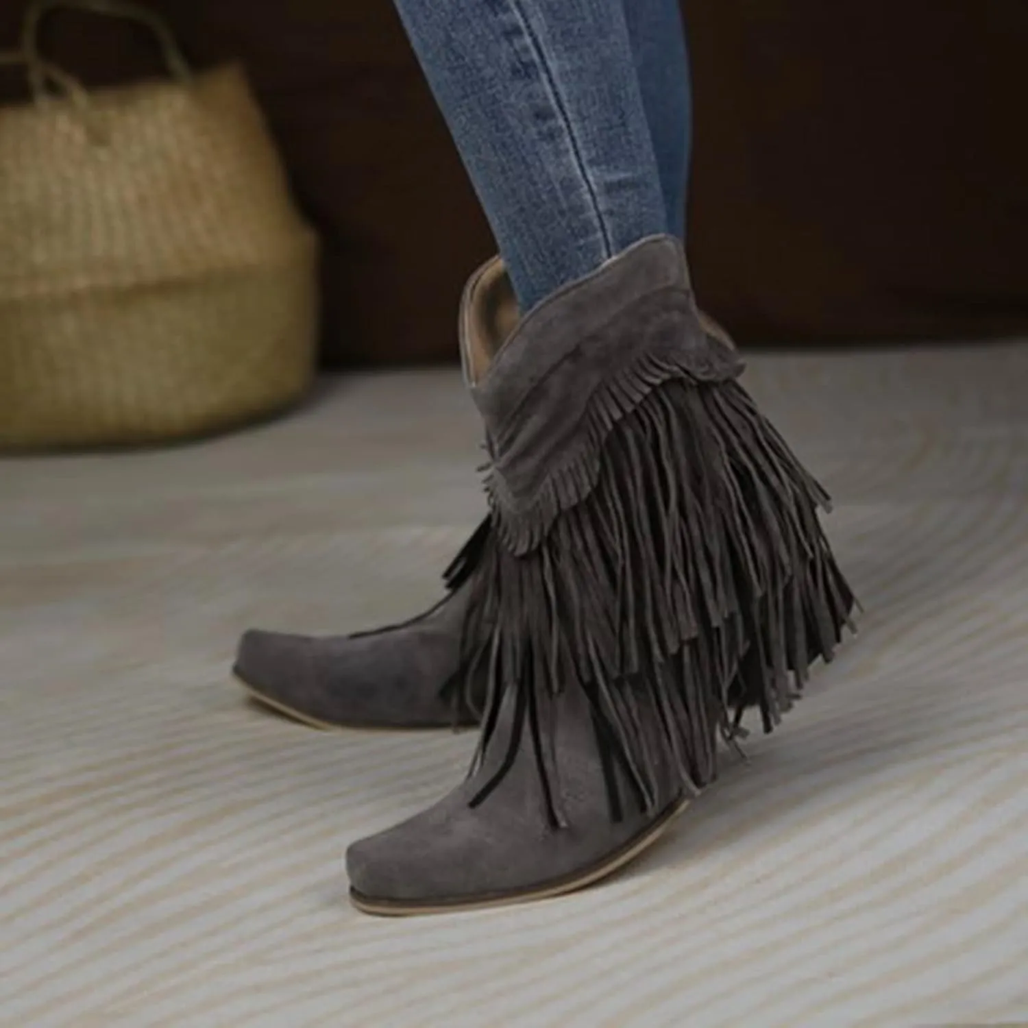 Boots for Women Flat Hollow Ankle Boots Low Chunky Block Stacked Heel Boots Slip On Pointed Toe Western Shoes 52