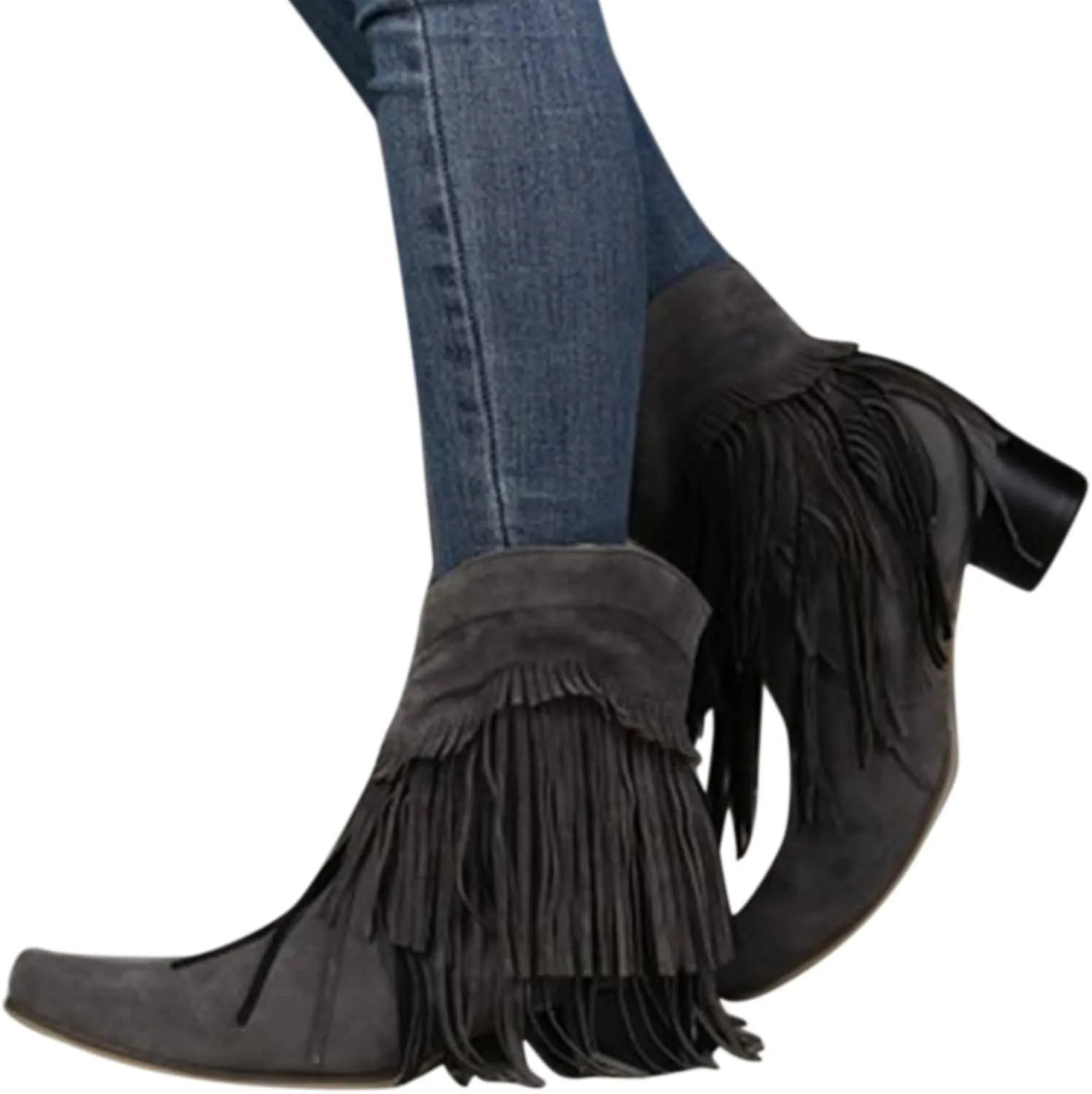 Boots for Women Flat Hollow Ankle Boots Low Chunky Block Stacked Heel Boots Slip On Pointed Toe Western Shoes 52