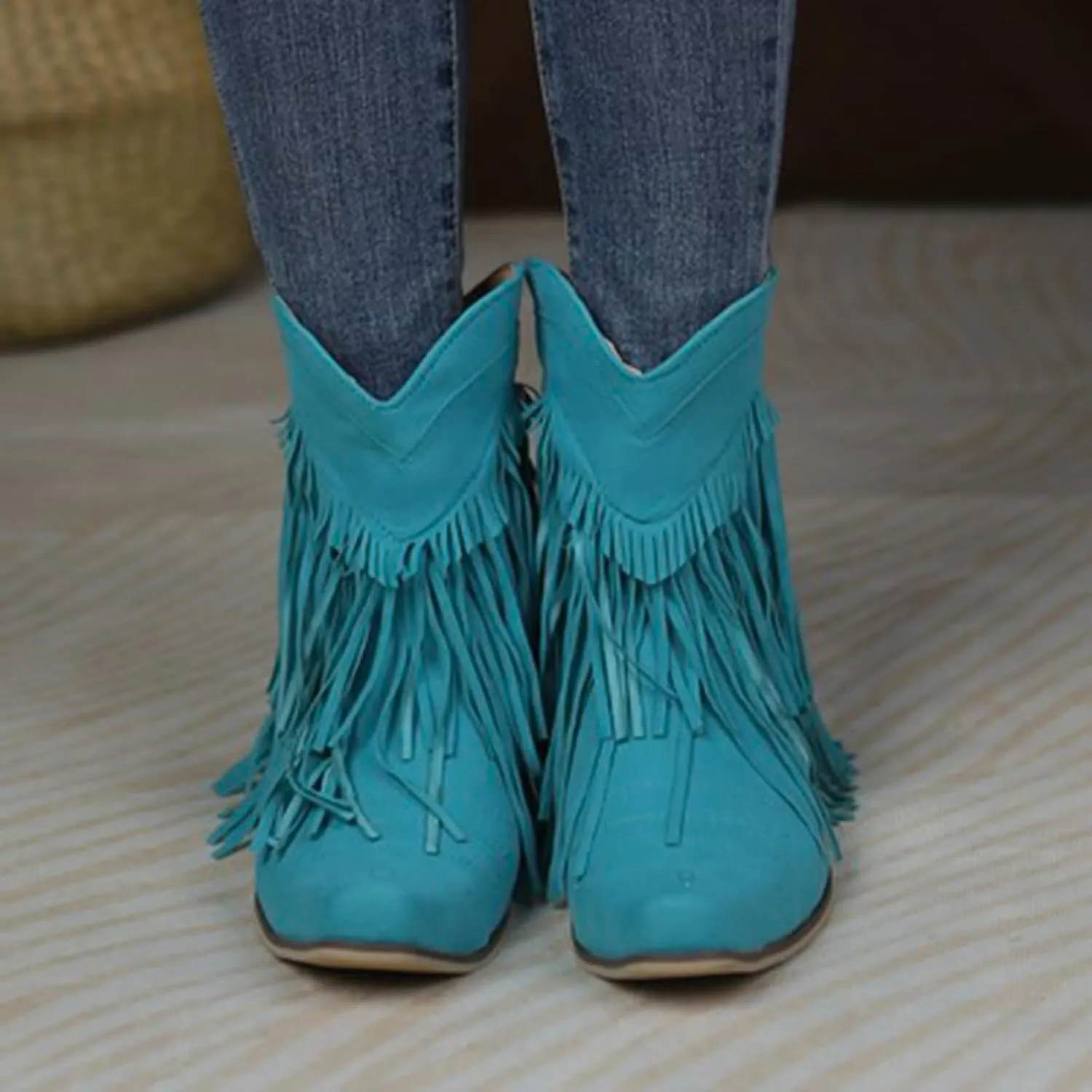 Boots for Women Flat Hollow Ankle Boots Low Chunky Block Stacked Heel Boots Slip On Pointed Toe Western Shoes 52