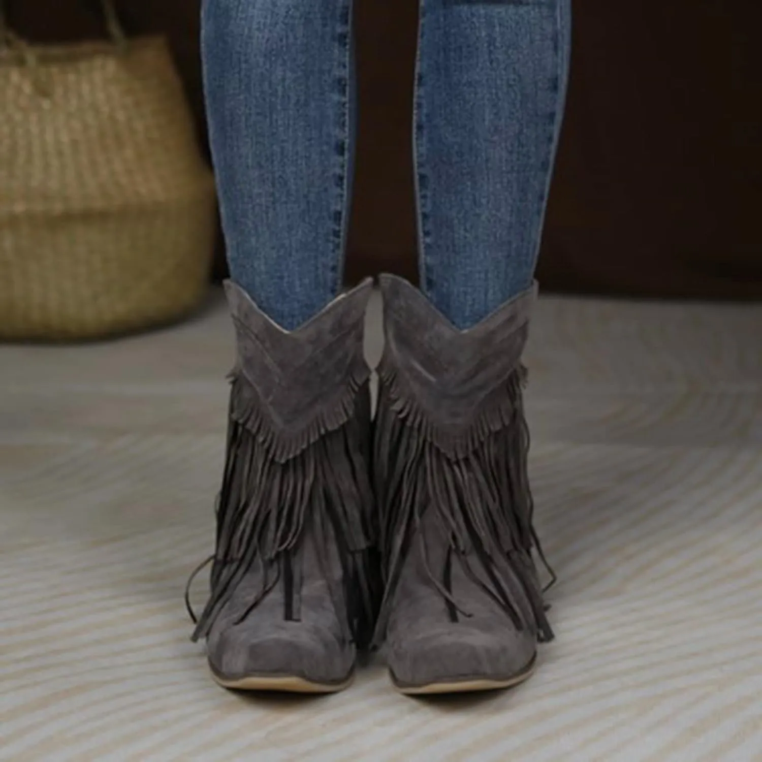 Boots for Women Flat Hollow Ankle Boots Low Chunky Block Stacked Heel Boots Slip On Pointed Toe Western Shoes 52